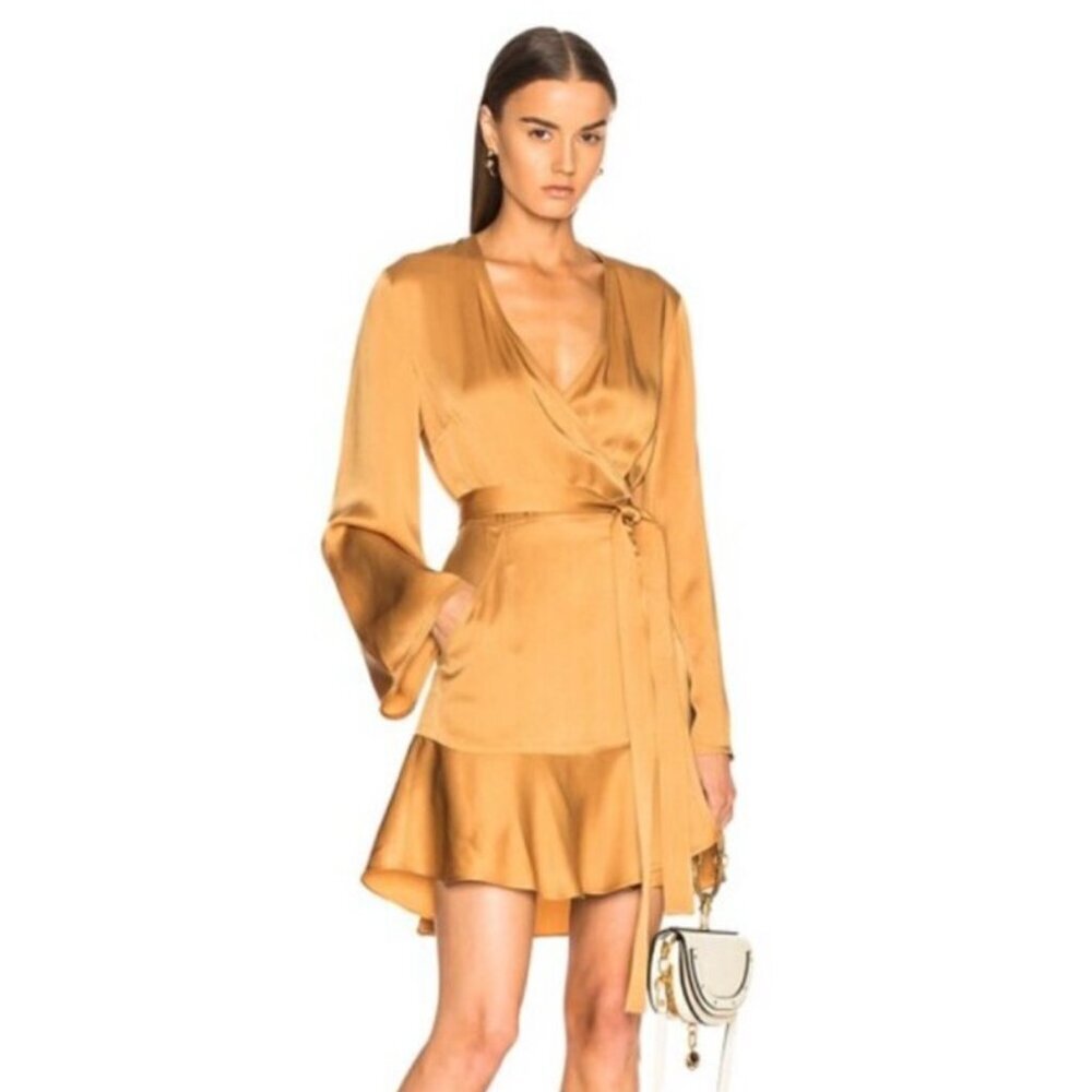 A.L.C. Whitney Satin Wrap Dress in Caramel